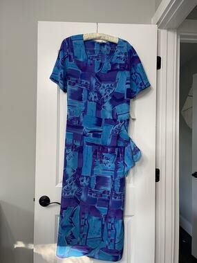 Vintage Rikki Sue 90s Y2K Blue Purple Abstract Art Midi Dress NWT Size 1XL Boho
